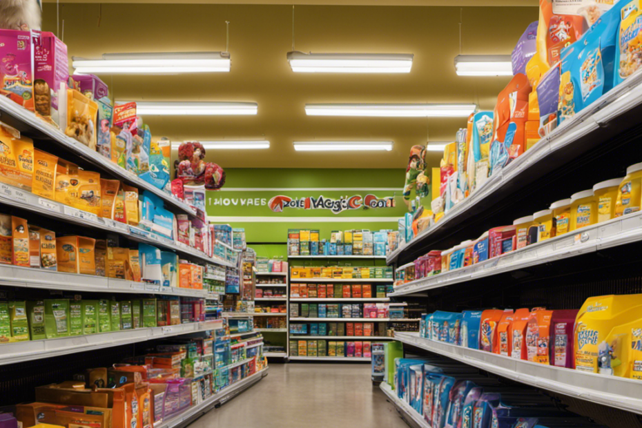 An image showcasing a bright and organized pet supply store aisle, filled with neatly arranged shelves displaying the Four Paws Magic Coat Pet Hair Remover
