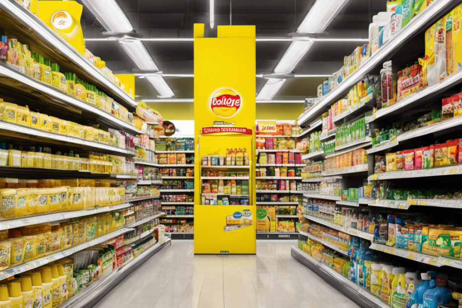 An image showcasing a shelf in a well-stocked supermarket, neatly organized with various cleaning products