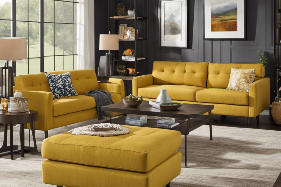 An image showcasing a clutter-free, pet-friendly living room with vibrant furniture and a sleek, modern design