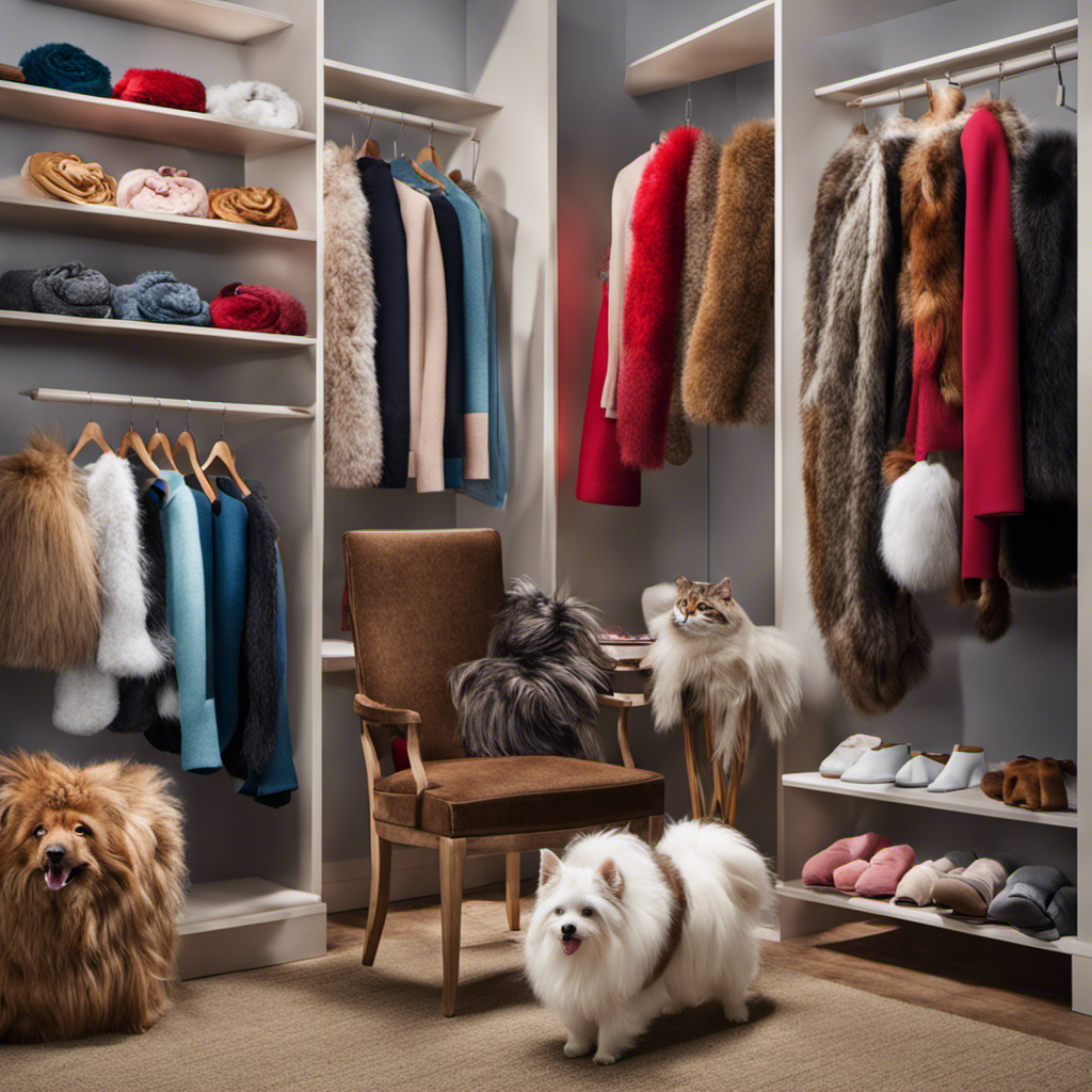 An image that showcases a stylish wardrobe filled with pet hair-infused clothes, featuring an assortment of lint rollers, fur-covered garments, and a fashionable pet companion, showcasing the ultimate solution for pet owners