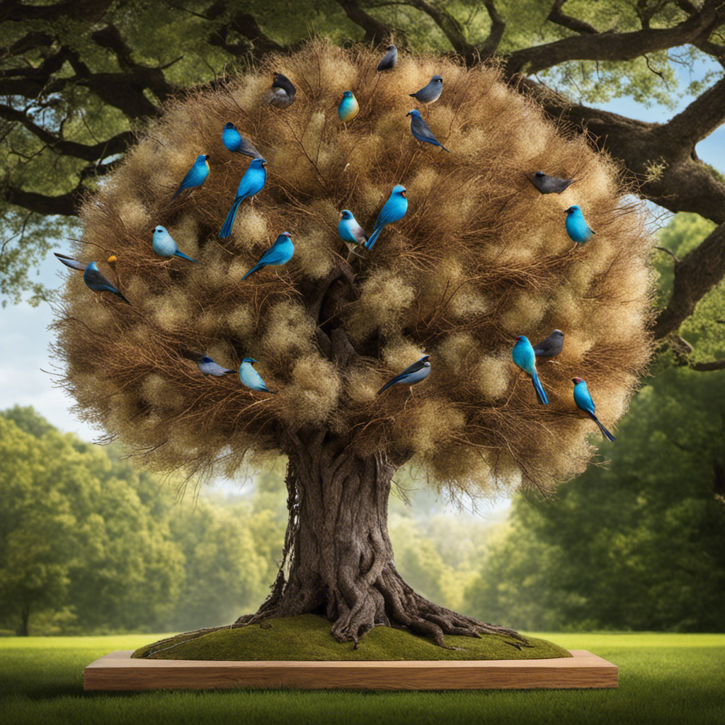 An image showcasing a whimsical tree adorned with colorful bird nests made entirely of pet hair, nestled in a serene park