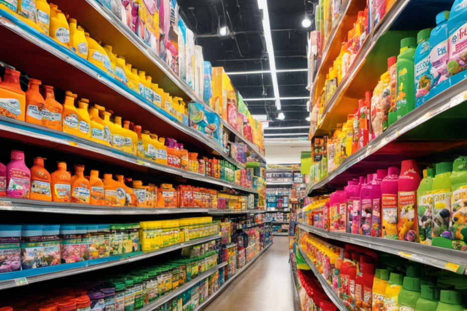An image depicting a colorful aisle at Pet Smart, filled with shelves neatly stacked with various pet safe hair paint products
