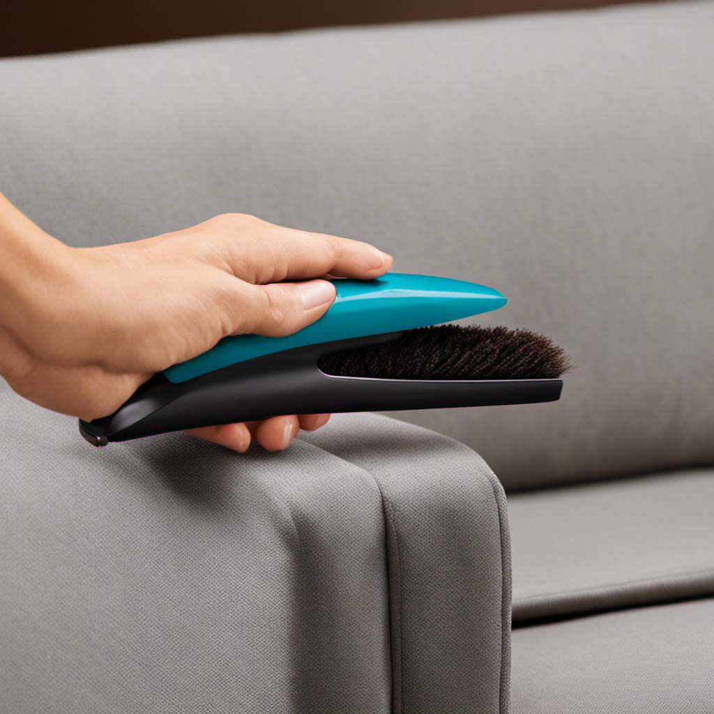 An image with a hand holding a Pet Hair Eraser Tool, gently sliding it along the upholstery of a couch