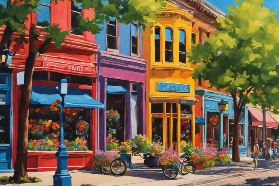 An image showcasing the iconic Flatirons framing a charming Boulder street scene, with a brightly colored storefront displaying the Chomchom Roller Pet Hair Remover