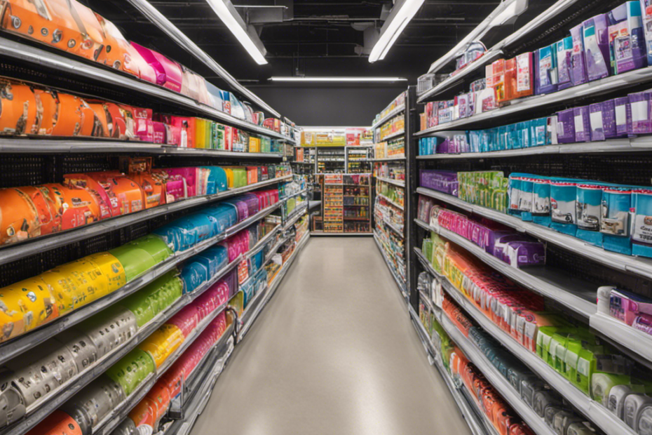 An image showcasing a clean, modern pet supply store aisle lined with neatly organized shelves displaying an array of Evercare Tape Rollers in various sizes and designs, inviting pet owners to find the perfect tool to combat persistent pet hair