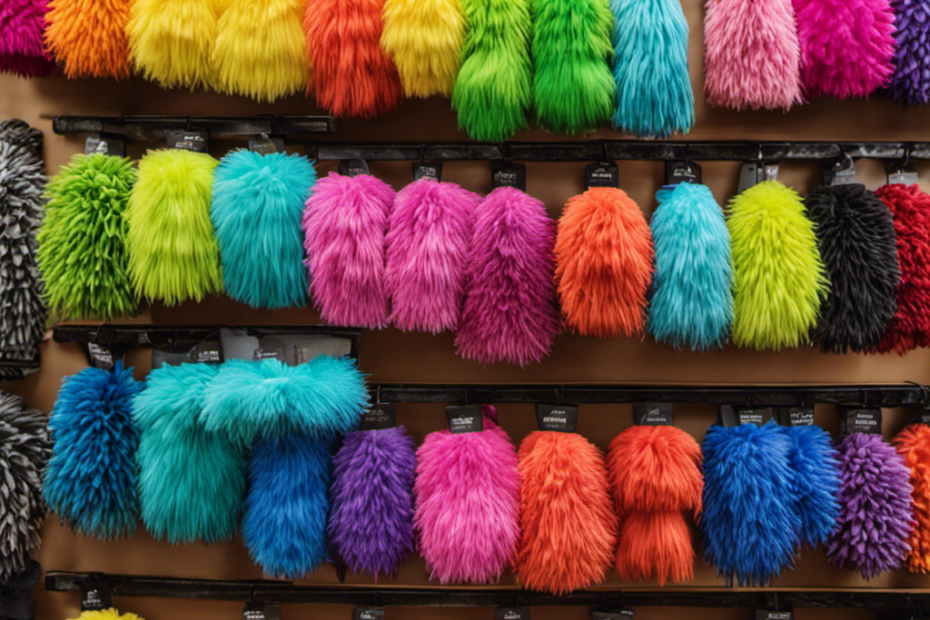An image that showcases a variety of vibrant-colored gloves with specialized silicone bristles, displayed on a neatly arranged shelf in a pet supplies store