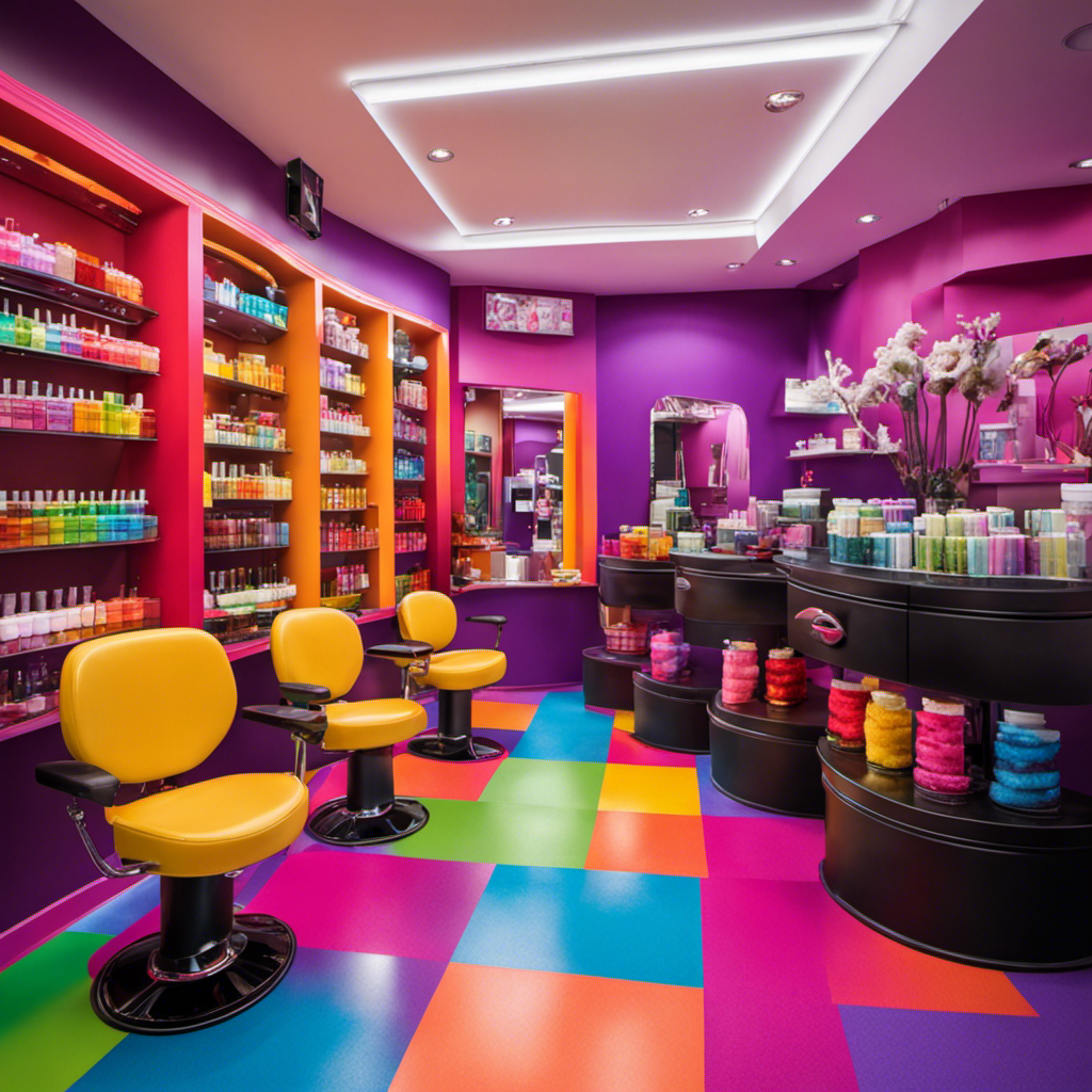 An image showcasing a vibrant pet salon with a colorful display of shelves lined with assorted pet hair dye products
