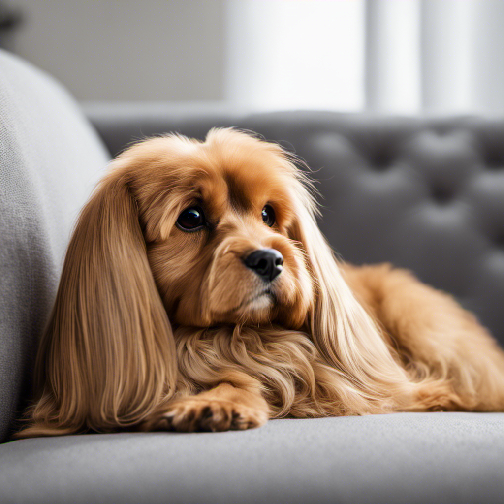 An image showcasing a well-groomed pet lying on a clean couch, while a hand glides a pet hair removal stone effortlessly over the fabric, capturing every strand of hair