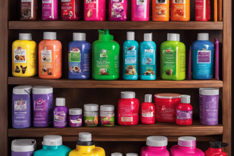 An image showcasing a vibrant pet salon shelf, adorned with a variety of pet-safe hair dye for dogs in vivid hues