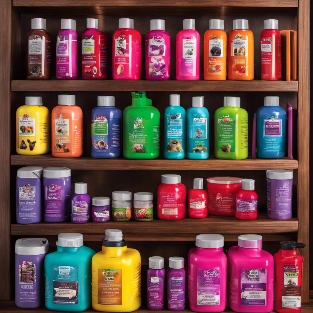 An image showcasing a vibrant pet salon shelf, adorned with a variety of pet-safe hair dye for dogs in vivid hues