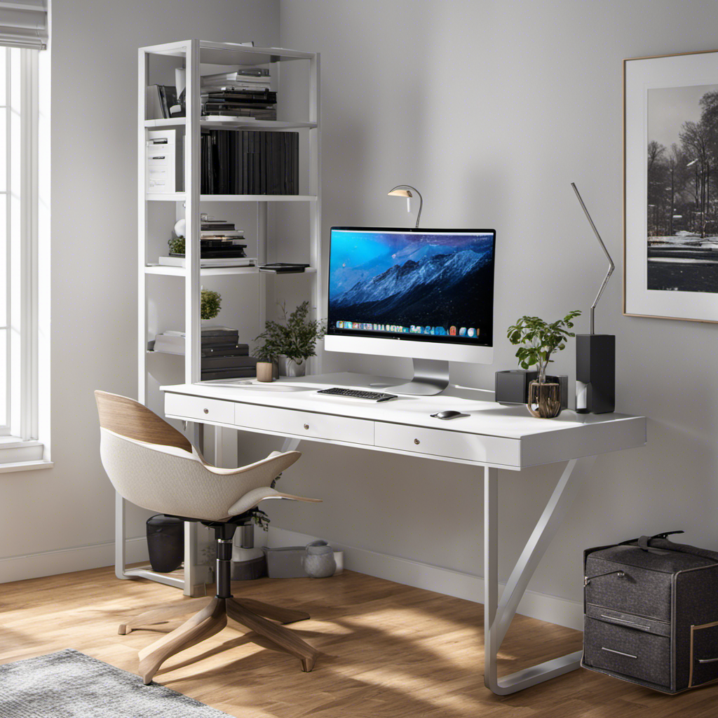 An image that depicts a sleek computer setup on a raised desk in a bright and spacious room, strategically positioned away from any pet hair sources, such as windows, doors, and furniture, to keep it clean and functioning optimally