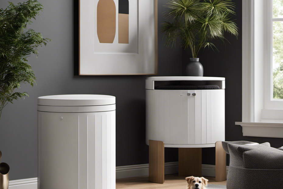 An image showcasing a tidy, clutter-free room with a sleek, modern bin specifically designed to collect pet hair