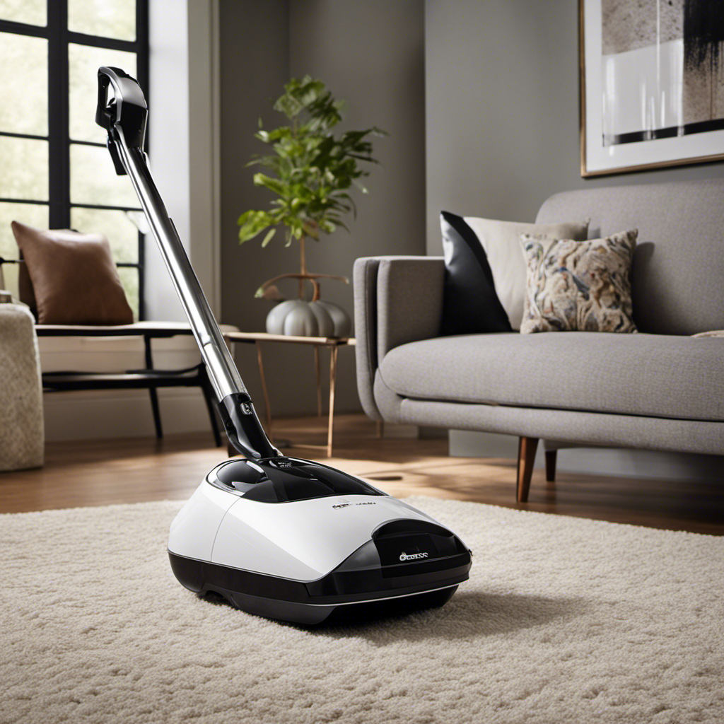 An image showcasing a sleek, modern vacuum cleaner effortlessly gliding over a plush carpet