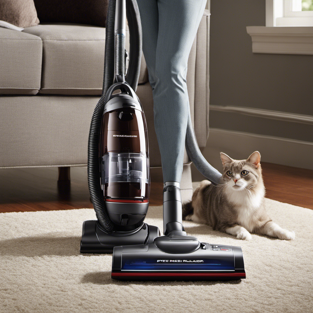 An image showcasing a sleek, high-powered vacuum with specialized pet hair attachments
