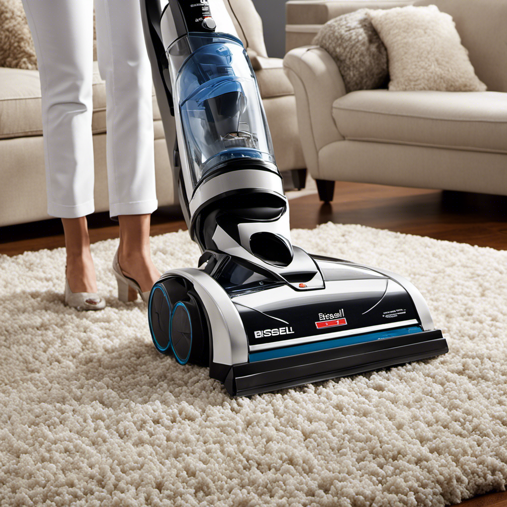 An image showcasing a Bissell vacuum effortlessly removing mounds of pet hair from a plush carpet