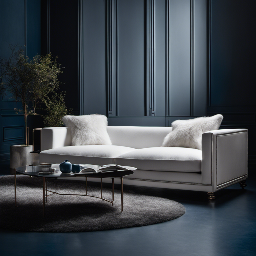 An image showcasing a white sofa with barely visible silver pet hair scattered across it, contrasting against a dark blue background