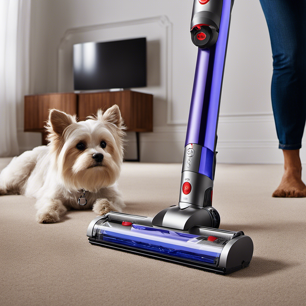 An image that features a clean and fur-free living room floor, showcasing a cordless Dyson vacuum specifically designed to tackle pet hair