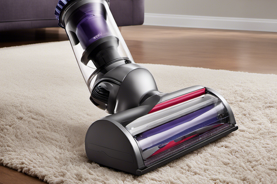 An image showcasing a sleek, powerful Dyson vacuum effortlessly removing pet hair from various surfaces, including carpet, upholstery, and hardwood floors