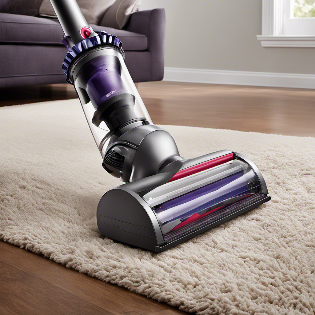 An image showcasing a sleek, powerful Dyson vacuum effortlessly removing pet hair from various surfaces, including carpet, upholstery, and hardwood floors