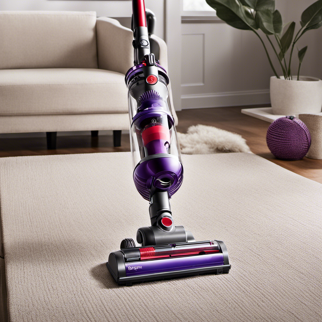 An image showcasing a vibrant, eye-catching red and purple Dyson upright vacuum, specifically designed for pet hair removal
