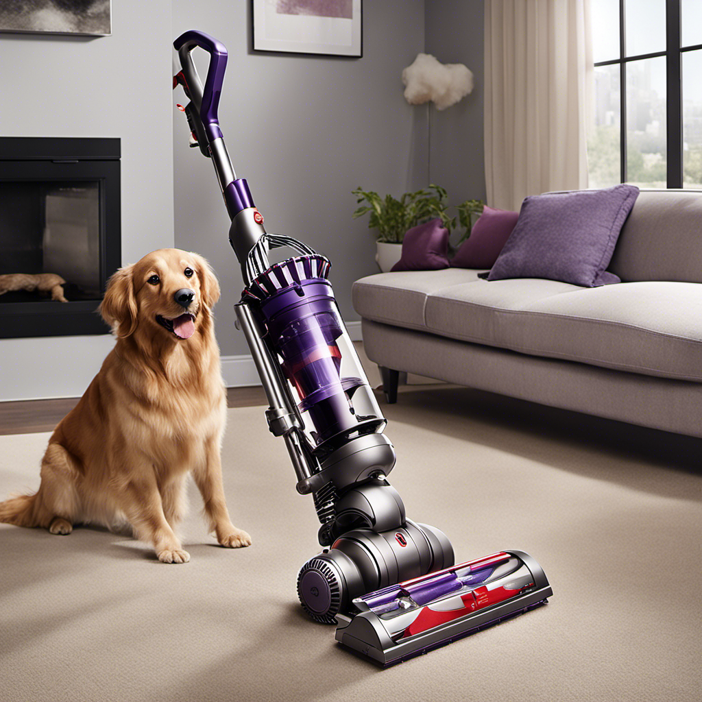 An image showcasing a sleek, red and purple Dyson upright vacuum, surrounded by a cloud of pet hair
