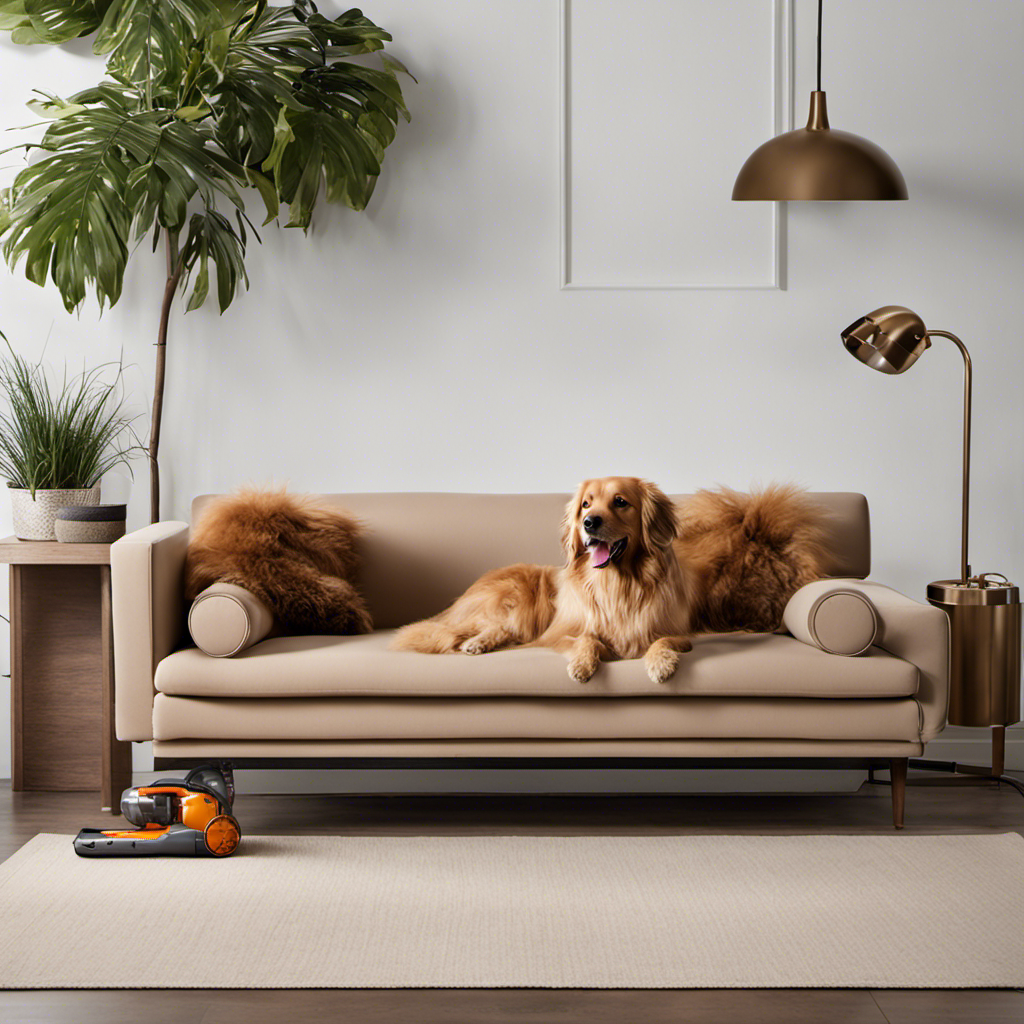 An image showcasing a furry, long-haired dog lounging on a clean, pet hair-free couch