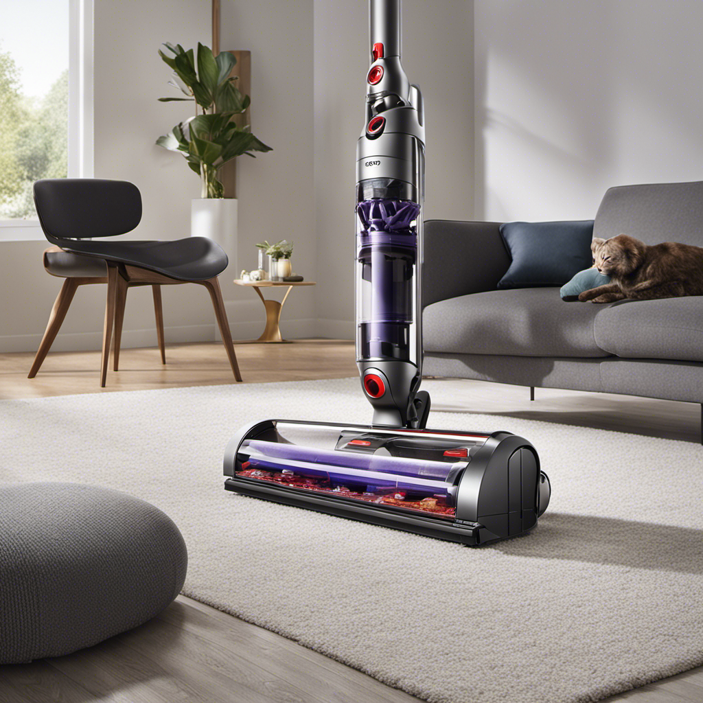 An image showcasing a sleek, modern living room with a Dyson vacuum effortlessly gliding across a plush carpet, effortlessly capturing every stray pet hair