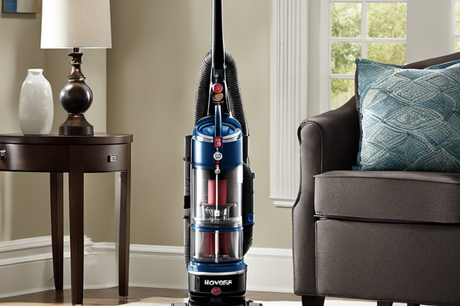 An image showcasing a Hoover upright vacuum in action, effortlessly sucking up abundant pet hair from various surfaces like carpets, rugs, and upholstery