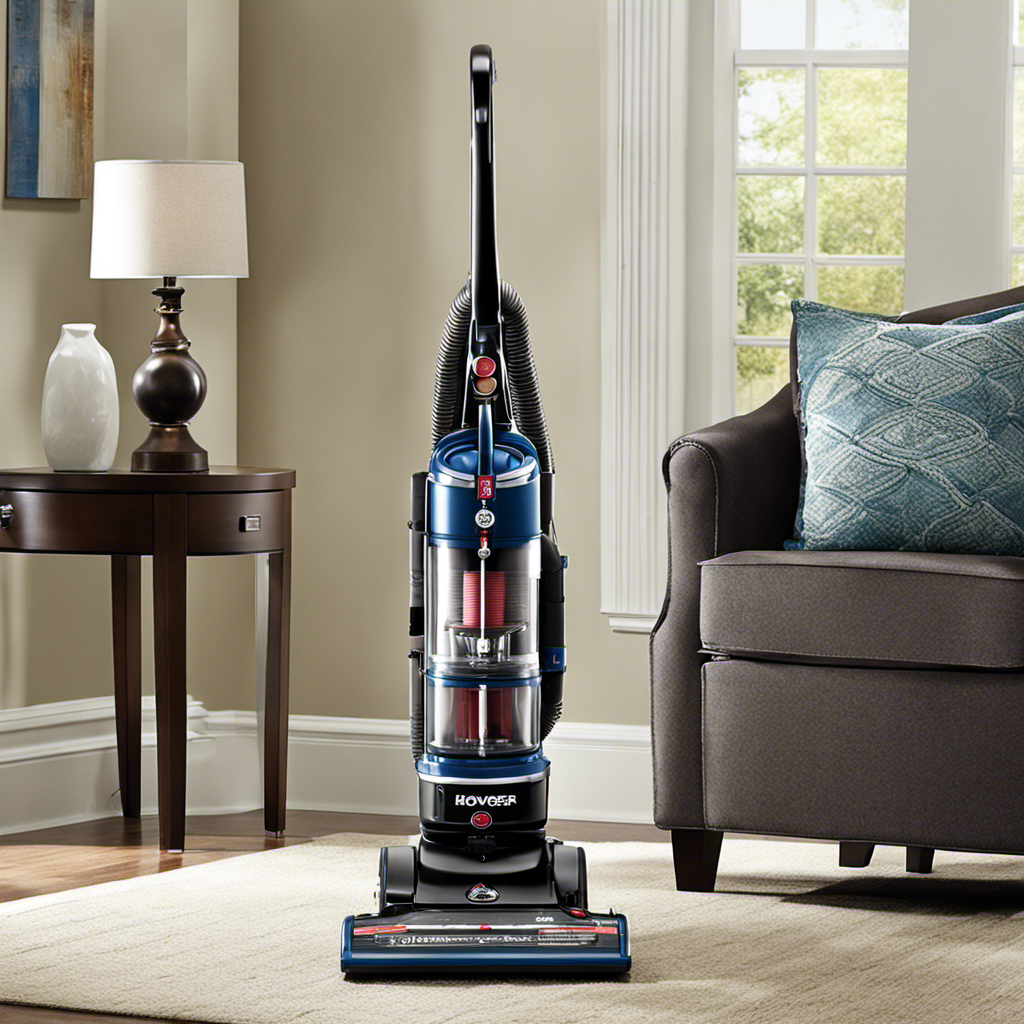 An image showcasing a Hoover upright vacuum in action, effortlessly sucking up abundant pet hair from various surfaces like carpets, rugs, and upholstery