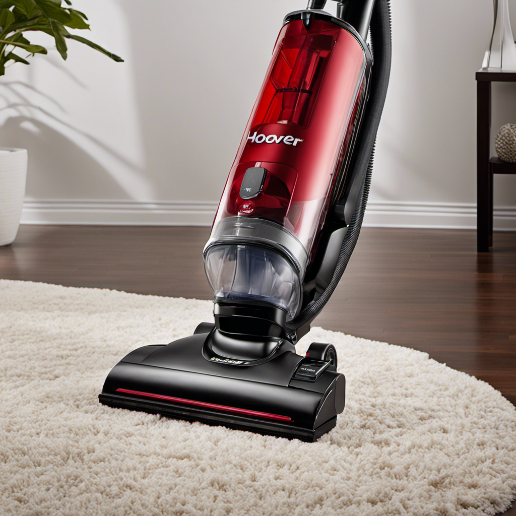 An image showcasing a Hoover vacuum with specialized pet hair attachments, effortlessly sucking up stray fur from a plush carpet