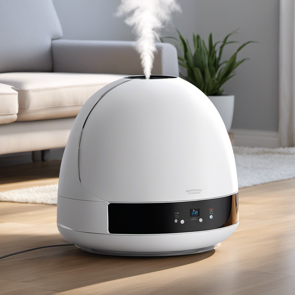 An image showcasing a sleek, modern humidifier placed near a fluffy white pet, effectively capturing the gentle mist enveloping the pet's fur