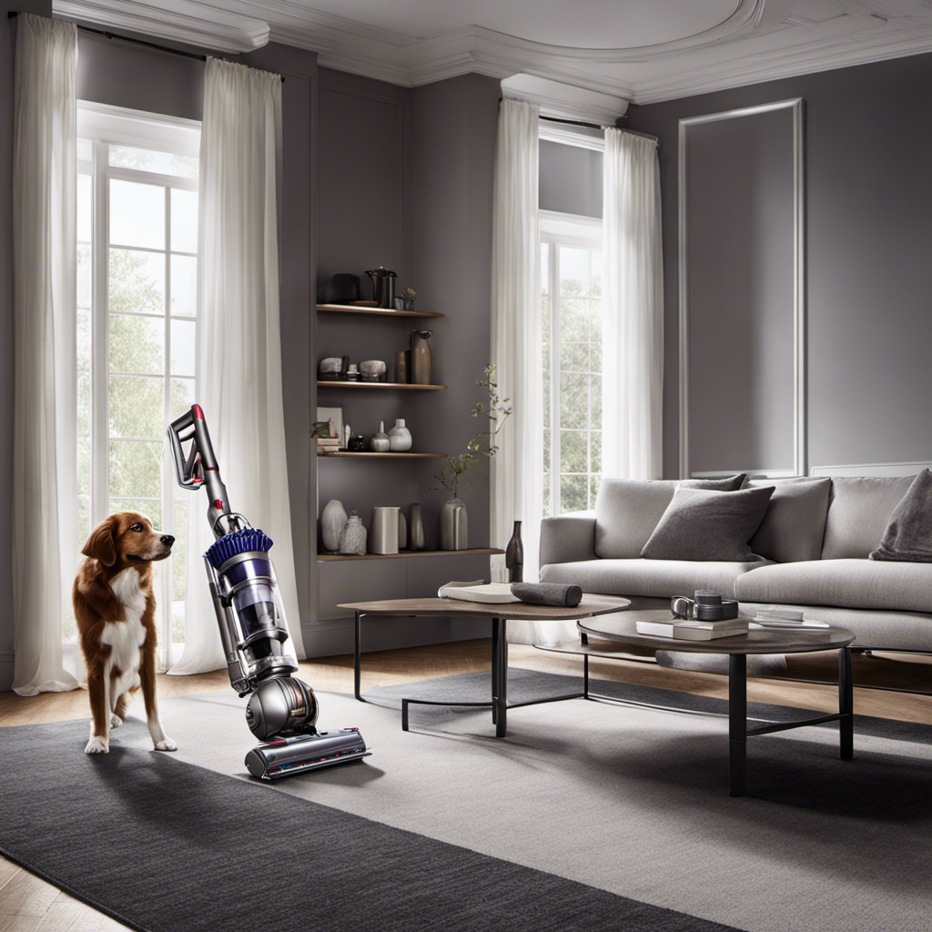 An image showcasing two identical rooms covered in pet hair, one cleaned with a Dyson V7 Animal and the other with a Dyson V8