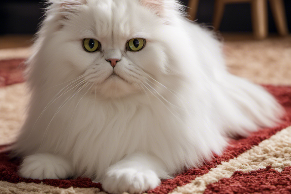 an image showcasing a fluffy white Persian cat lounging on a pristine carpet, while an iRobot Roomba with specialized pet hair brushes diligently cleans up clumps of fur, leaving a trail of perfectly groomed carpet behind