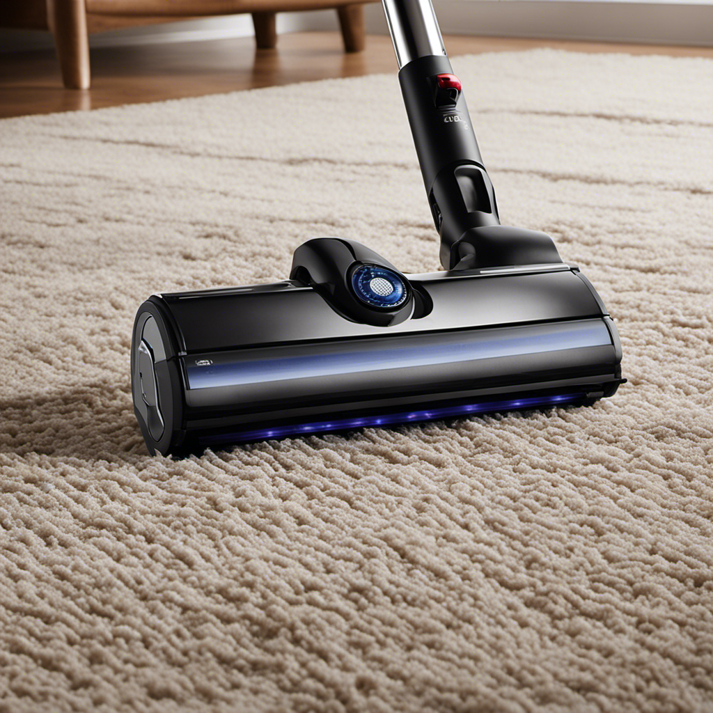An image showcasing a sleek vacuum cleaner with a tangle-free pet hair brush roll, capturing the device in action effortlessly removing fur from a plush carpet, leaving it spotless and pet hair-free