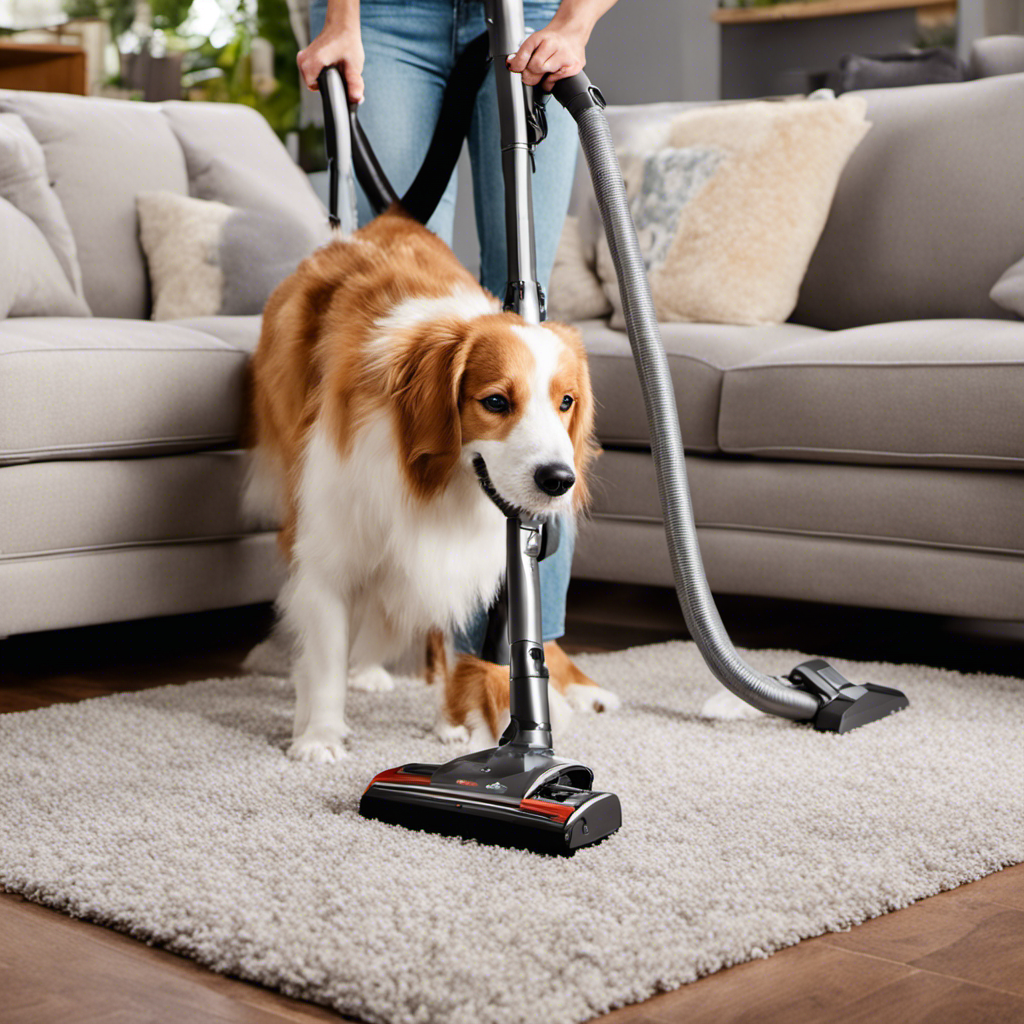 An image showcasing a happy dog owner effortlessly vacuuming pet hair off a plush carpet using a sleek Bissell vacuum specifically designed for pet hair removal