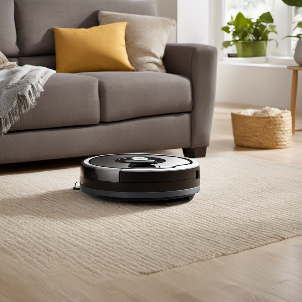 An image showcasing a Roomba effortlessly gliding across a pet-friendly living room, effectively removing pet hair from carpets and sofas