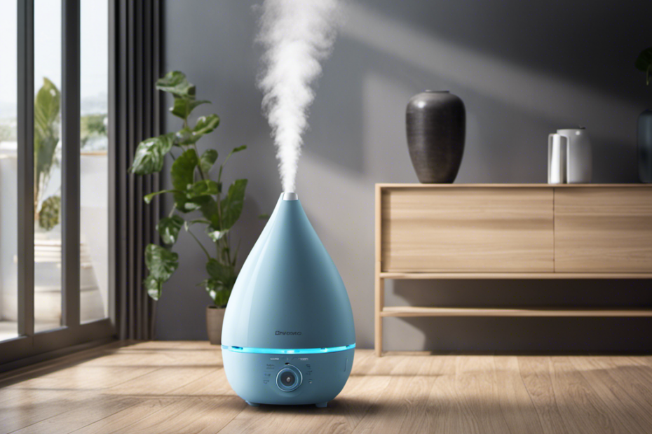An image showcasing a living room with an ultrasonic mist humidifier and a dehumidifier in action