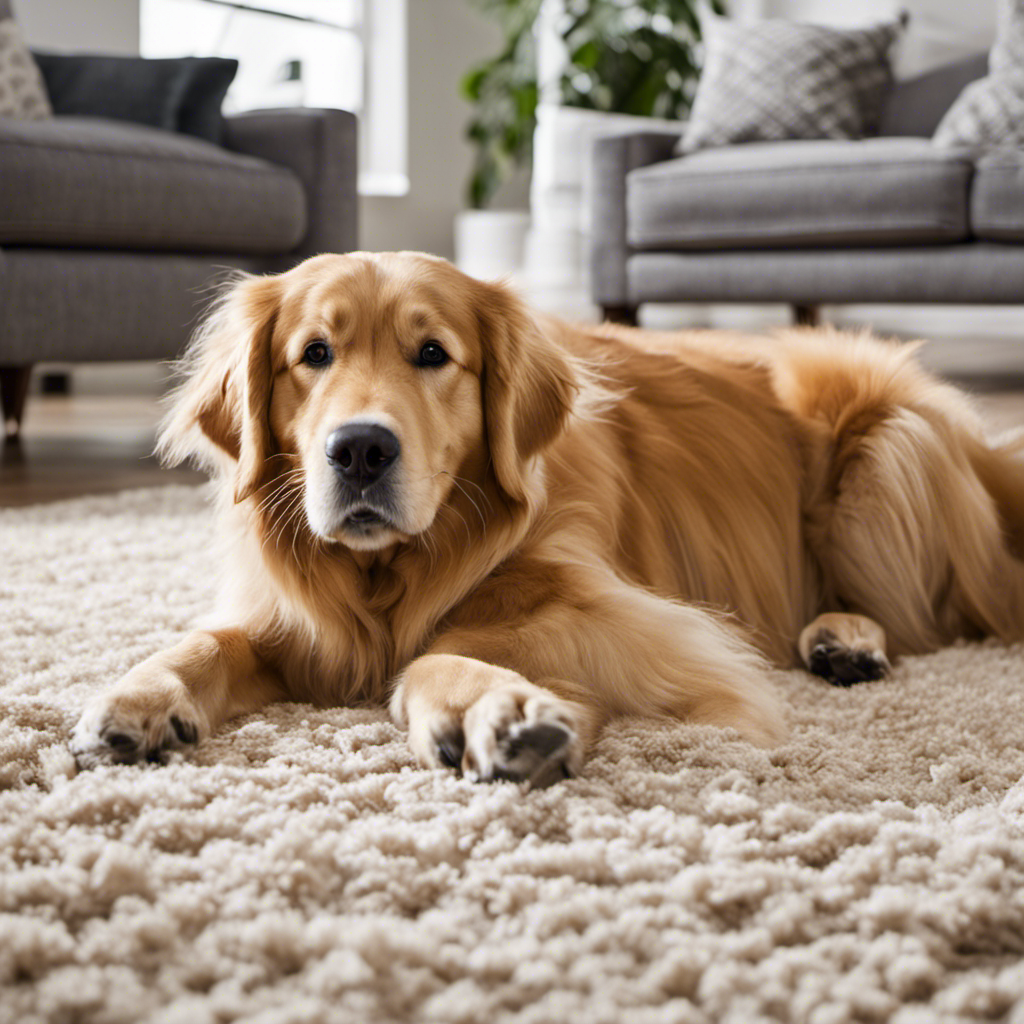 A dynamic image showcasing a fluffy golden retriever lounging on a clean, fur-free carpet