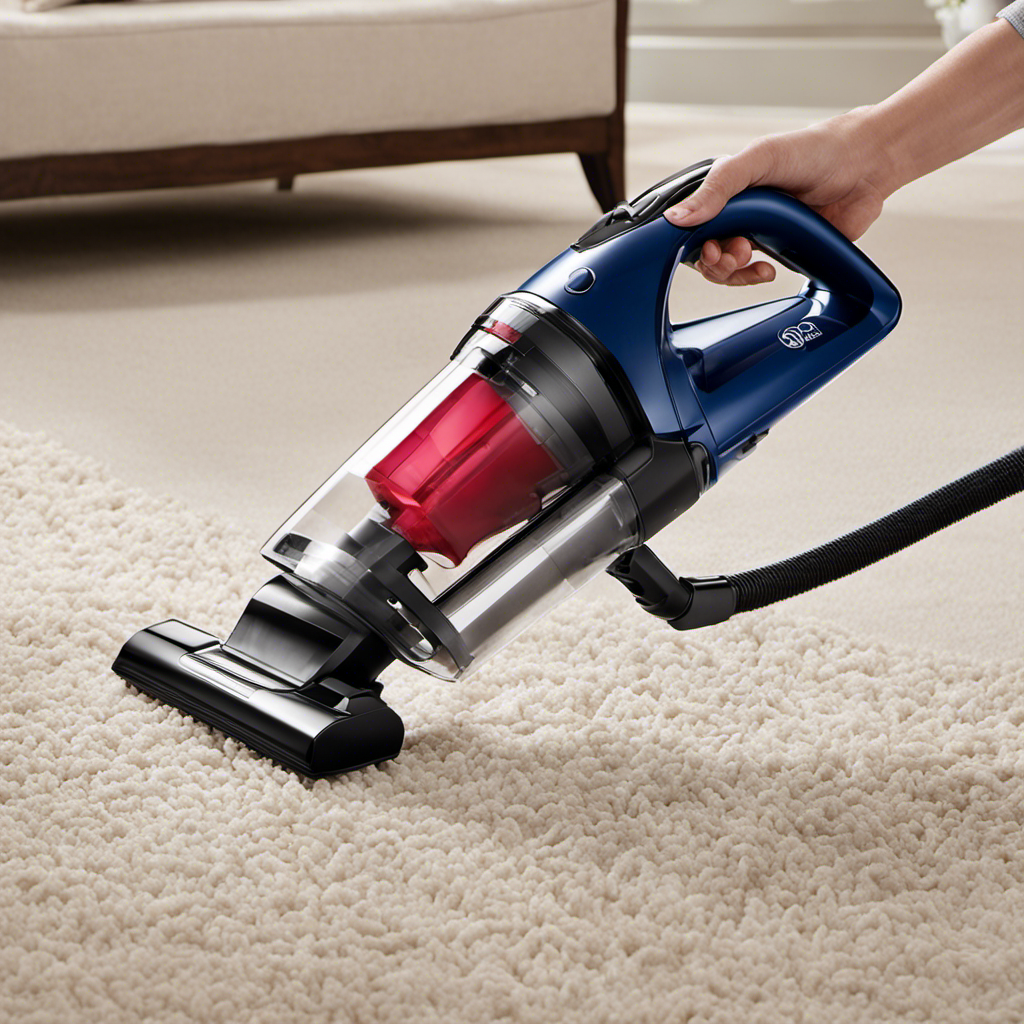 An image showcasing a hand held vacuum in action, effortlessly removing pet hair from various surfaces like carpets, furniture, and car seats