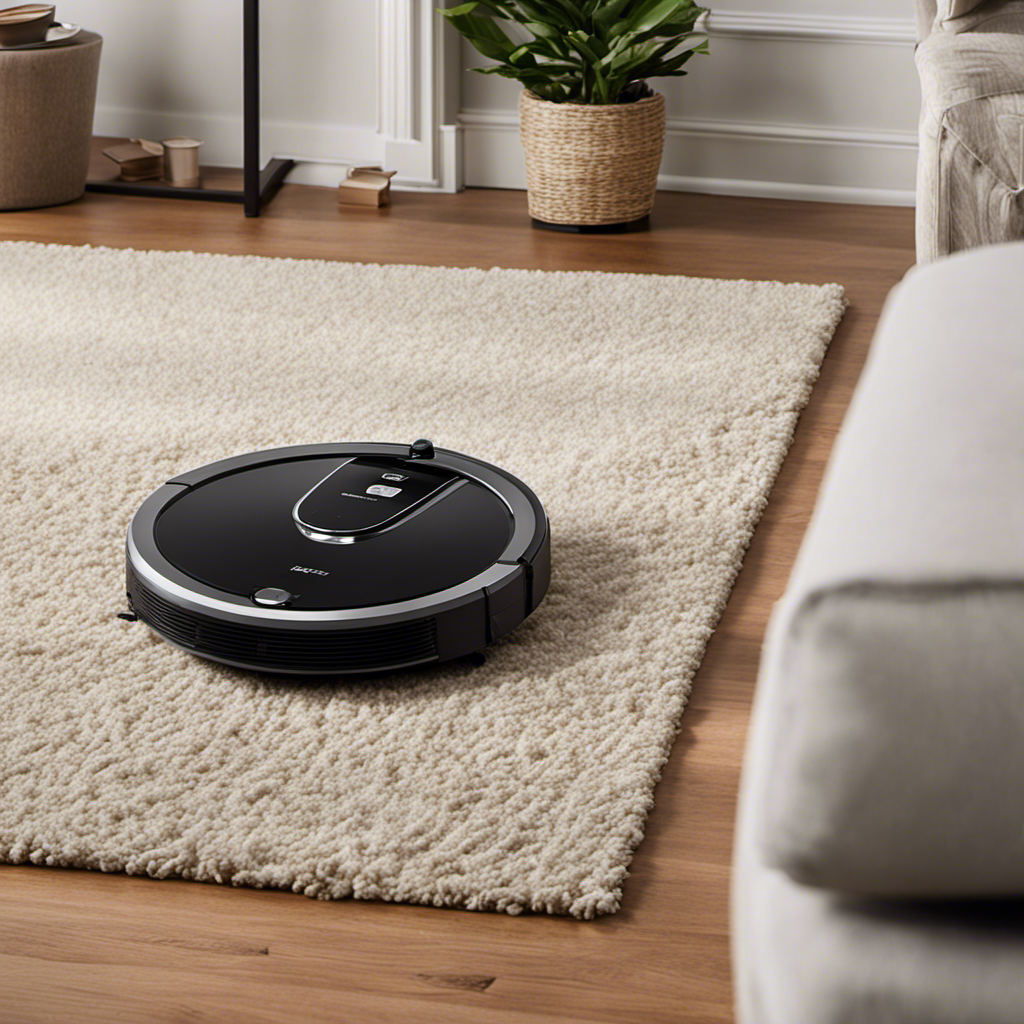 An image showcasing a sleek robot vacuum effortlessly gliding over a carpet adorned with scattered pet hair