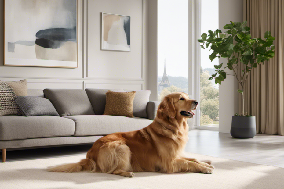 An image showcasing a sleek and modern living room, with a fluffy golden retriever sitting on the carpet