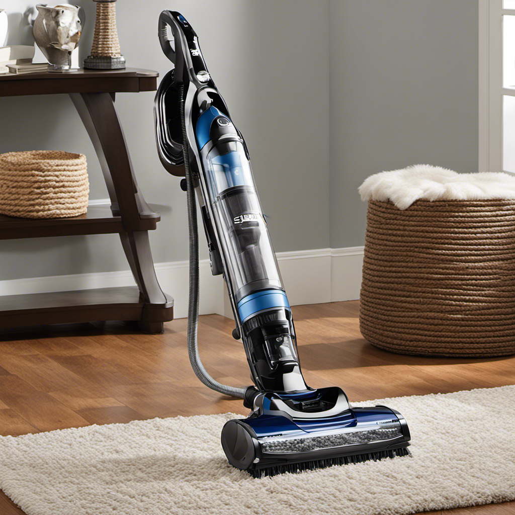 An image featuring a sleek, powerful shark vacuum effortlessly gliding over a plush carpet, capturing an array of fine pet hair with its specialized pet hair attachment, showcasing its superior cleaning prowess