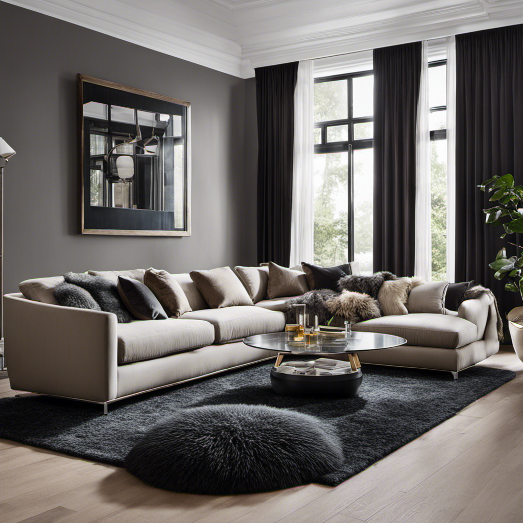 An image showcasing a sleek, modern living room with a plush carpet covered in pet hair