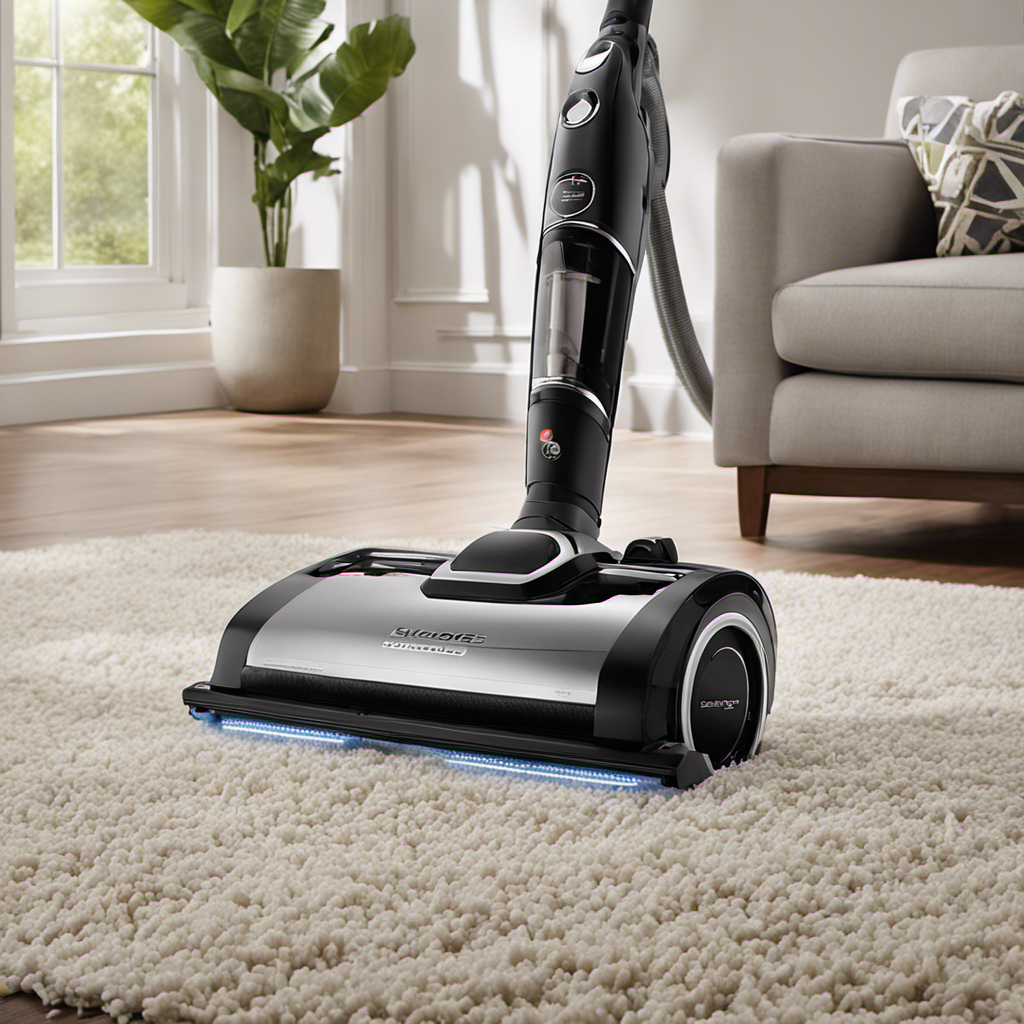 An image showcasing a sleek, modern vacuum cleaner effortlessly gliding over a vibrant carpet, its powerful suction capturing every strand of stubborn pet hair