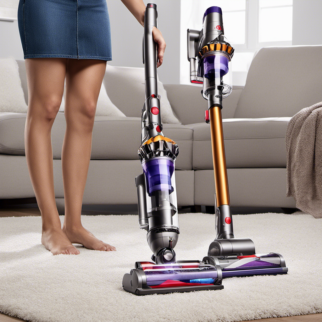 An image showcasing two Dyson stick vacuums side by side, with a pile of pet hair in front