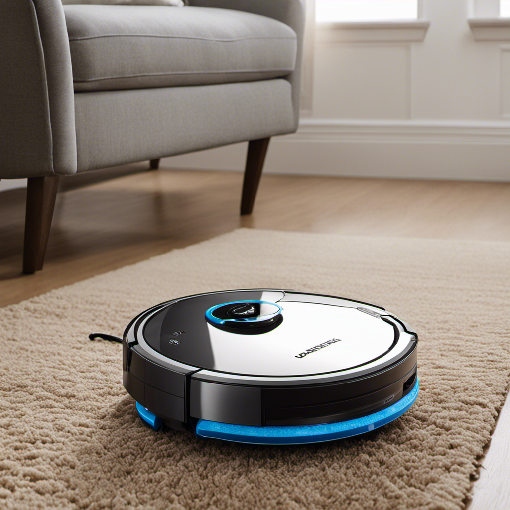 An image featuring a robot vacuum cleaner equipped with multiple rotating brushes specifically designed to effortlessly remove pet hair from carpets and floors, leaving them sparkling clean