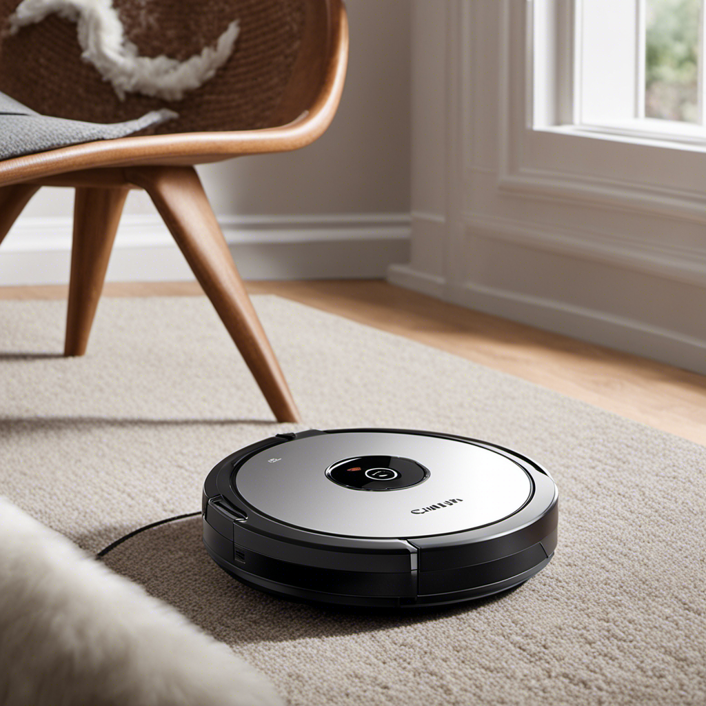 An image showcasing a sleek robot vacuum effortlessly gliding across a carpeted floor, effectively capturing pet hair