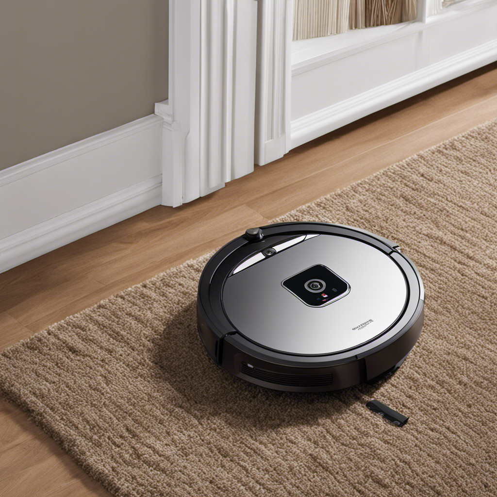 An image showcasing a robot vacuum effortlessly gliding across a carpeted floor covered in pet hair