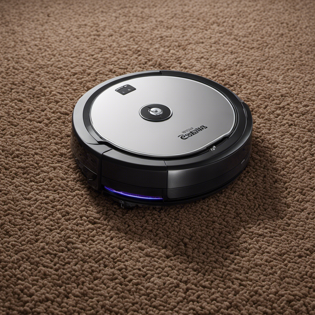 An image featuring a robotic vacuum gliding effortlessly across a carpet scattered with clumps of pet hair