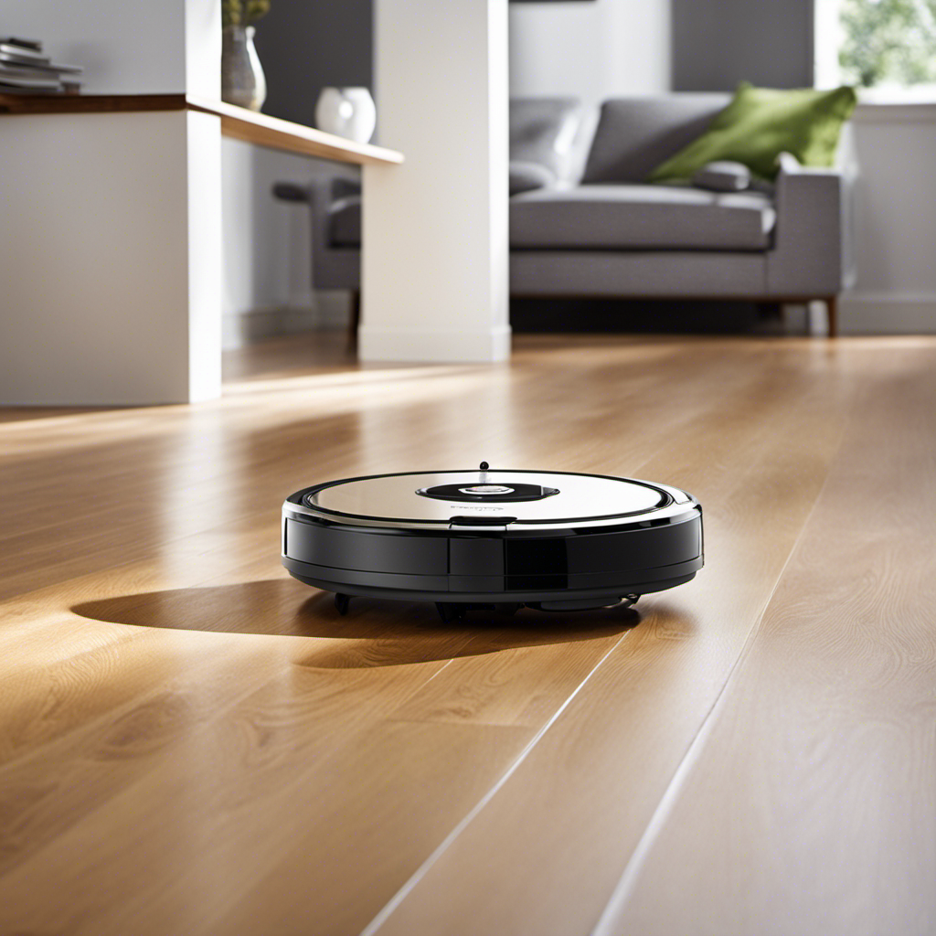 An image showcasing a sleek Roomba gliding effortlessly across gleaming hardwood floors, effortlessly capturing every speck of pet hair